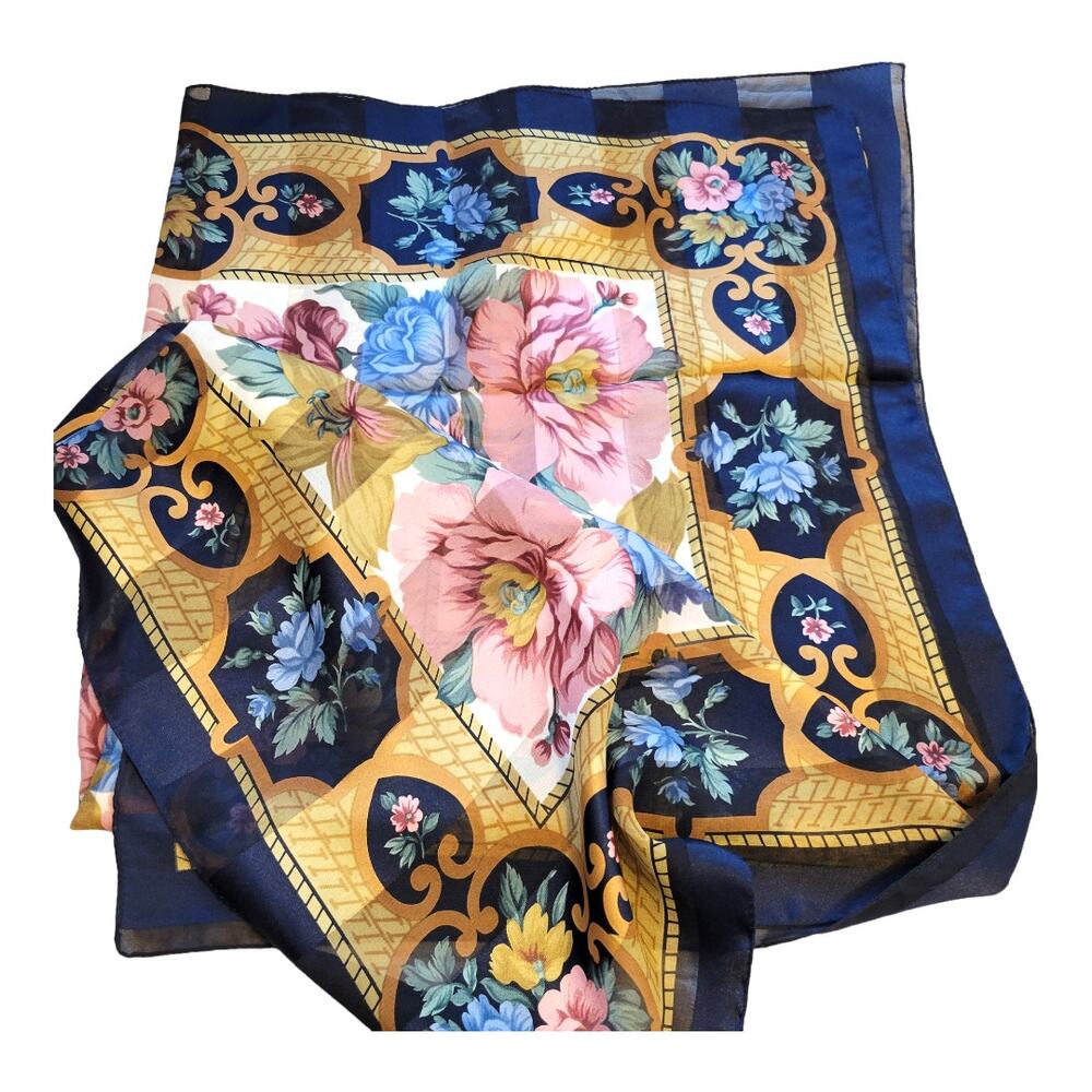 Vintage Scarf Women's Navy Gold Bordered Floral Victorian Coastal Grandma